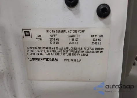 2000 Buick Lesabre Limited z USA, uszkodzony, nr VIN 1G4HR54K6YU224634